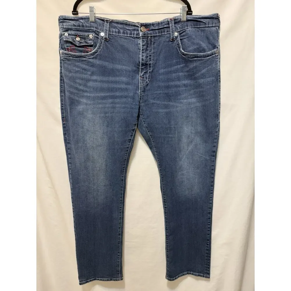 True Religion Ricky Mens Relaxed Straight Leg Blue Jeans Sz 42x33 Red Stitching